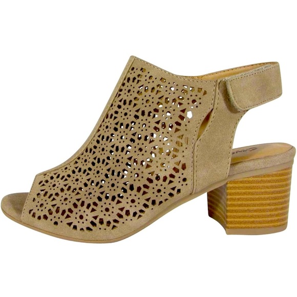 Elect Caged Geometric Laser Cut Out Peep Toe Slingback Chunky Stacked Heel - Picture 1 of 5